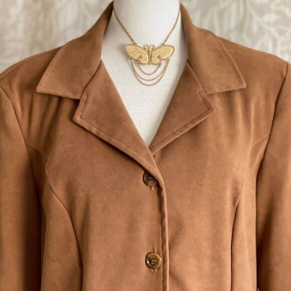 Vintage 90s Briggs New York Tan Faux Suede Blazer Monica Geller Whimsygoth Sz 10 - Picture 2 of 8